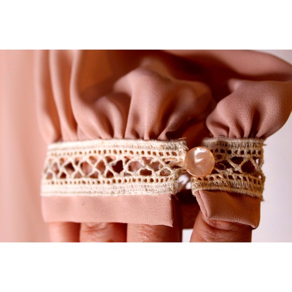 Vintage 80s Prairie Style Core Dress Coral Pink Lantern Sleeve Mock Collar - Picture 7 of 15